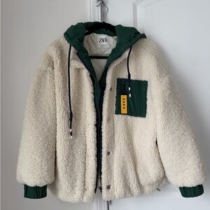 Zara Cream and Green Sherpa Jacket